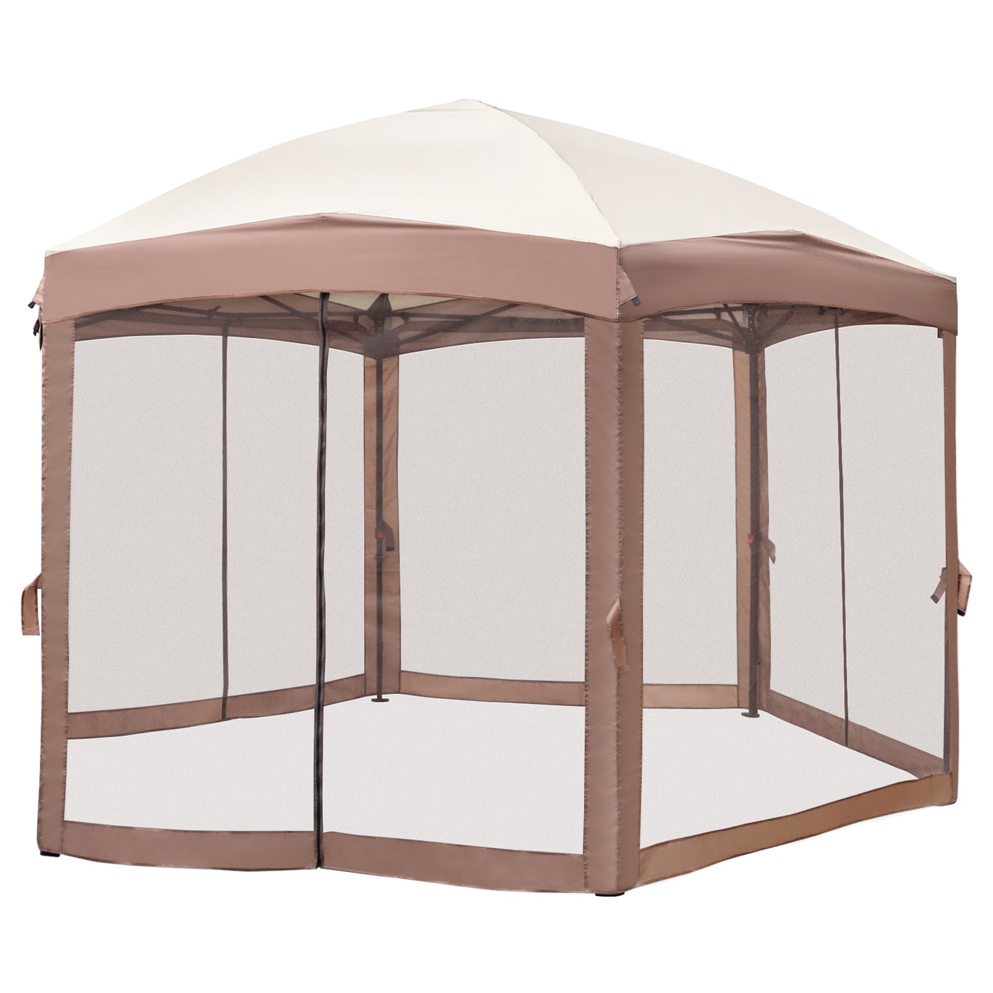 3*3.6m Khaki Top Fabric, Dark Brown Edge, White Bracket, Hexagonal Arc Top Folding Shed, 6 Veils And Net Cloth, With Black Bag, Folding Shed