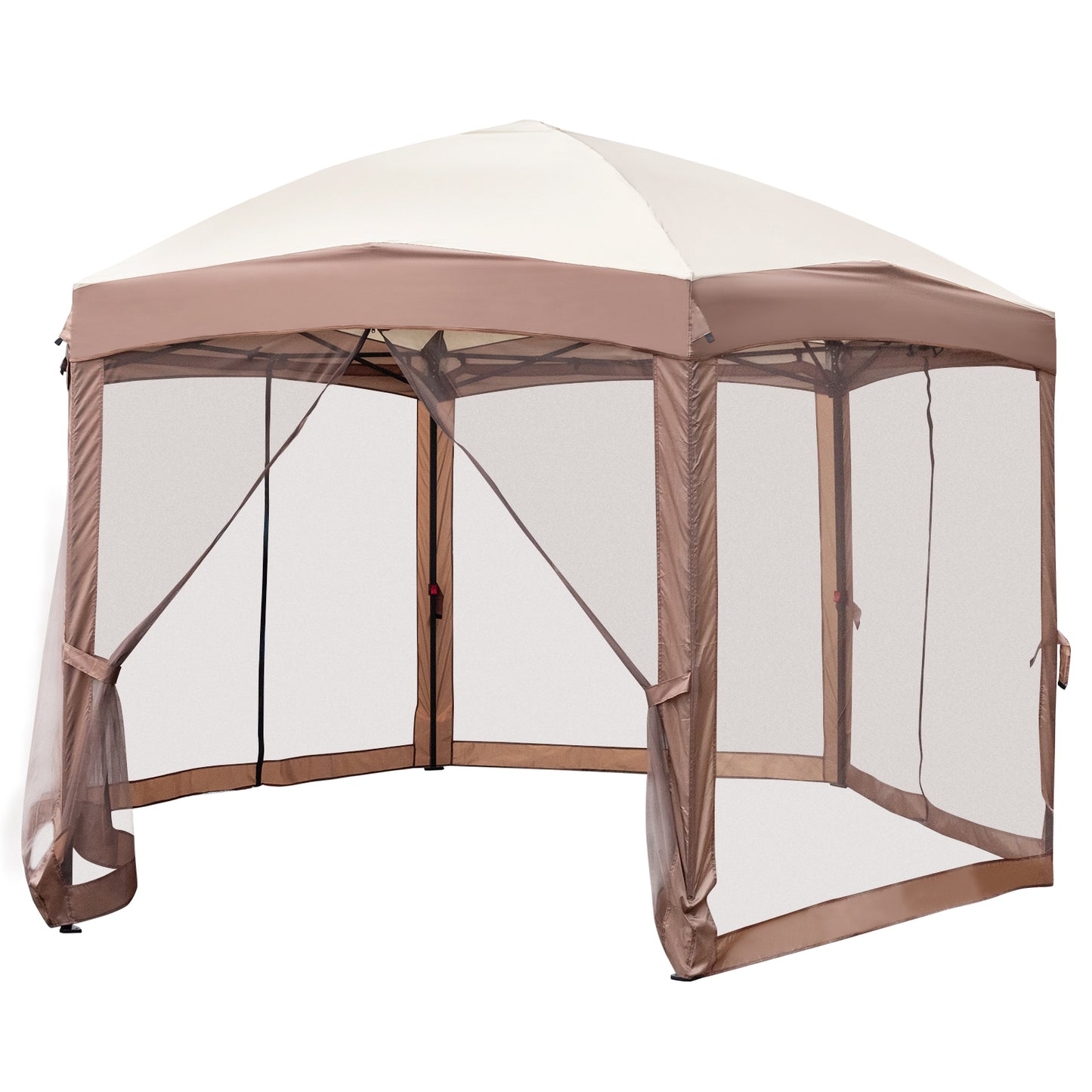 3*3.6m Khaki Top Fabric, Dark Brown Edge, White Bracket, Hexagonal Arc Top Folding Shed, 6 Veils And Net Cloth, With Black Bag, Folding Shed