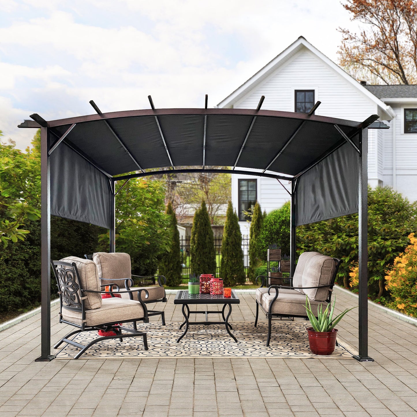 12 x 9 Ft Outdoor Pergola Patio Gazebo,Retractable Shade Canopy,Steel Frame Grape Gazebo,Sunshelter Pergola，Grey