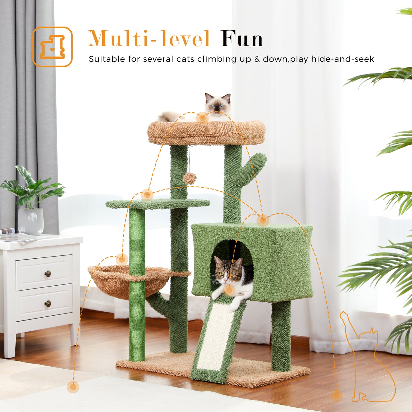 Cactus Cat Tree Cat Tower with Sisal Covered Scratching Post and Cozy Condo Cat Climbing Stand with Plush Perch &Soft Hammock for Indoor Cats(Minimum Retail Price for US: USD 79.99)