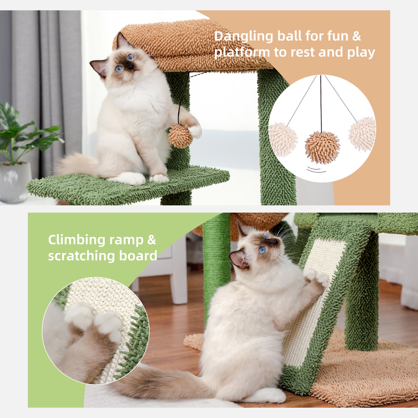 Cactus Cat Tree Cat Tower with Sisal Covered Scratching Post and Cozy Condo Cat Climbing Stand with Plush Perch &Soft Hammock for Indoor Cats(Minimum Retail Price for US: USD 79.99)