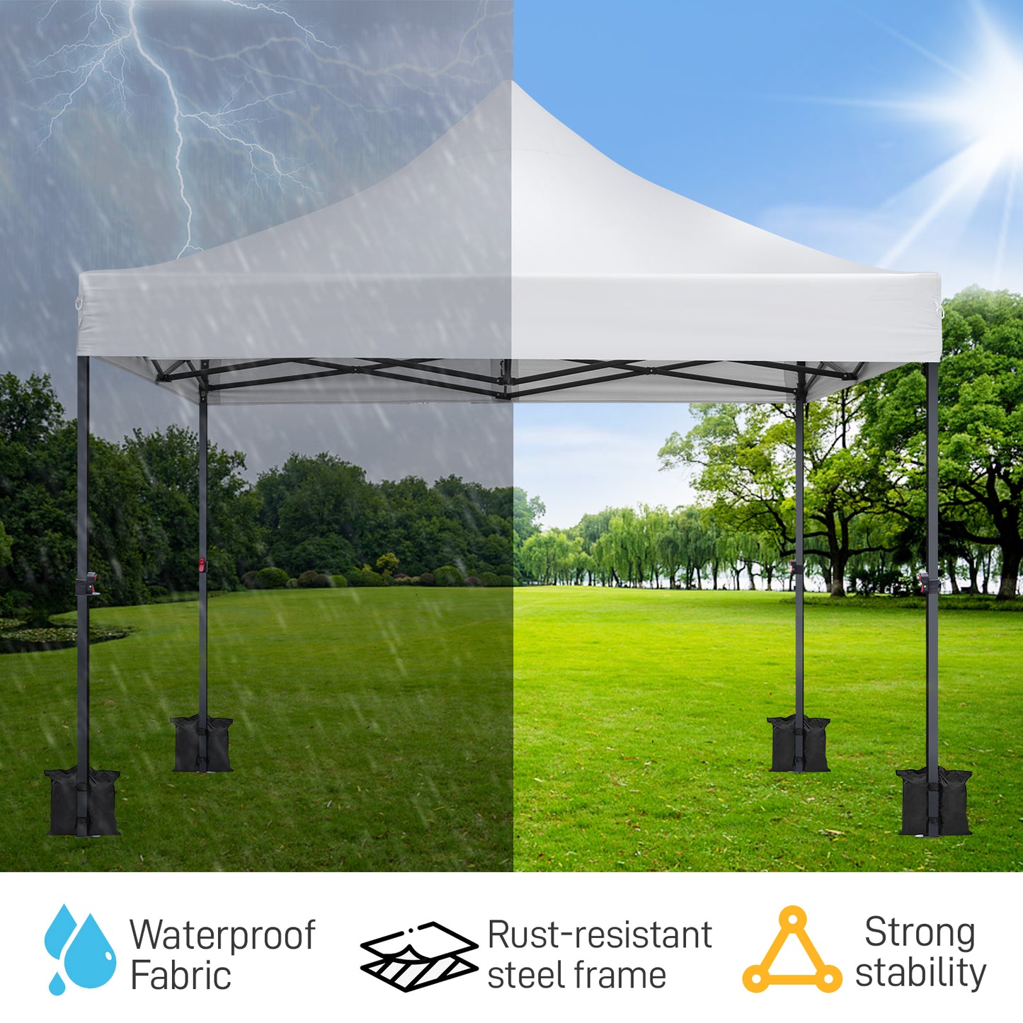 10x10ft Instant Portable Pop Up Canopy Tent  PVC Coated Shelter with Wheeled Carry Case, 4 Sand Bags - White Top