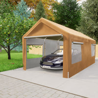 10x20 ft Heavy Duty Carport with Roll-up Ventilated Windows, Portable Garage Metal Carport with Removable Sidewalls and Doors for Car, Truck, Boat, Beige