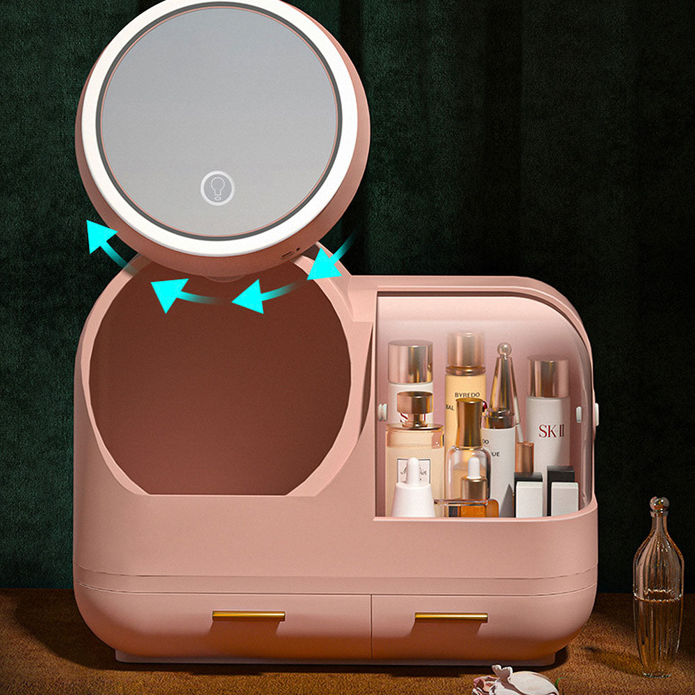 Joybos® Makeup Storage Organizer Box with Led Lighted Mirror Pink