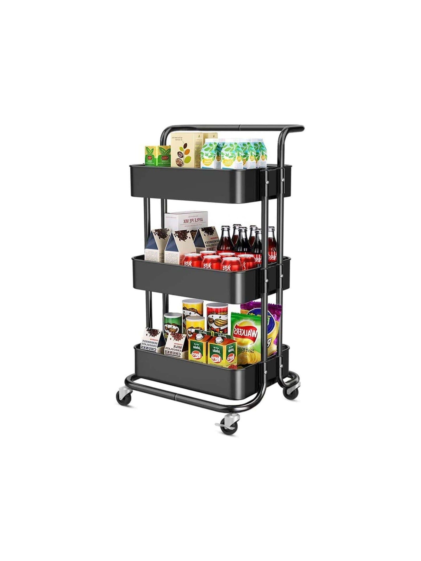 Three-layer mesh utility cart, rolling cart with handle and lockable wheel, multi-function storage rack in kitchen, living room and office