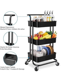 Three-layer mesh utility cart, rolling cart with handle and lockable wheel, multi-function storage rack in kitchen, living room and office