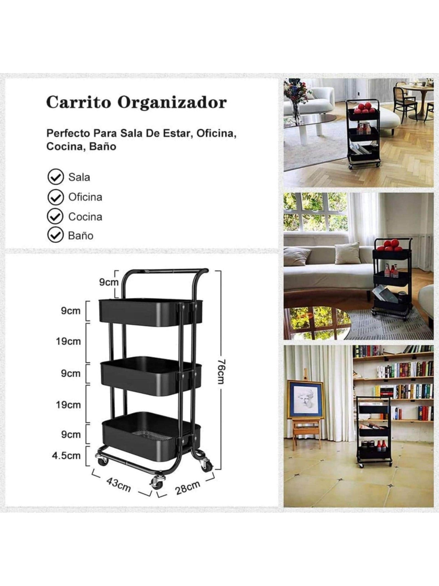 Three-layer mesh utility cart, rolling cart with handle and lockable wheel, multi-function storage rack in kitchen, living room and office