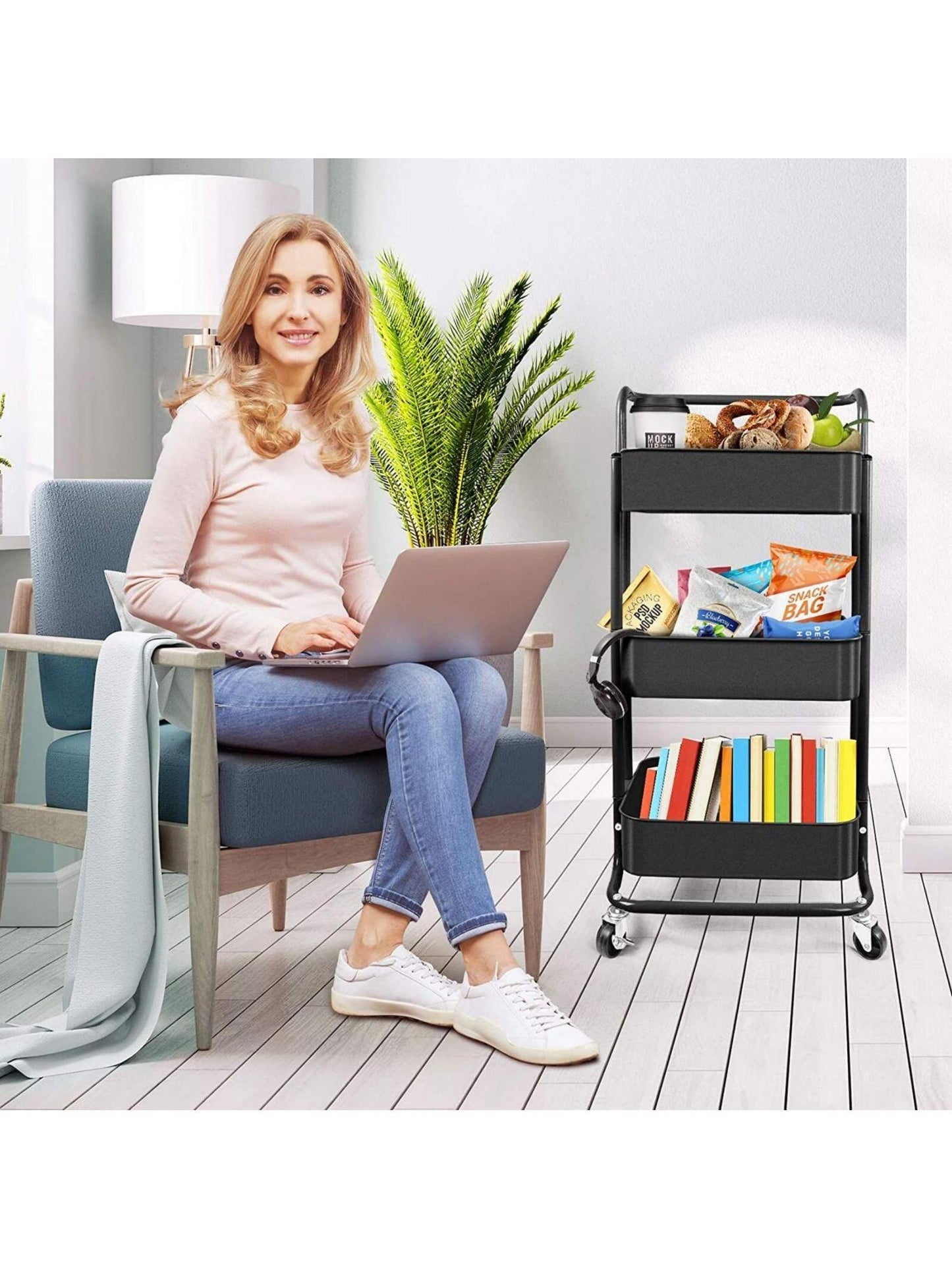 Three-layer mesh utility cart, rolling cart with handle and lockable wheel, multi-function storage rack in kitchen, living room and office