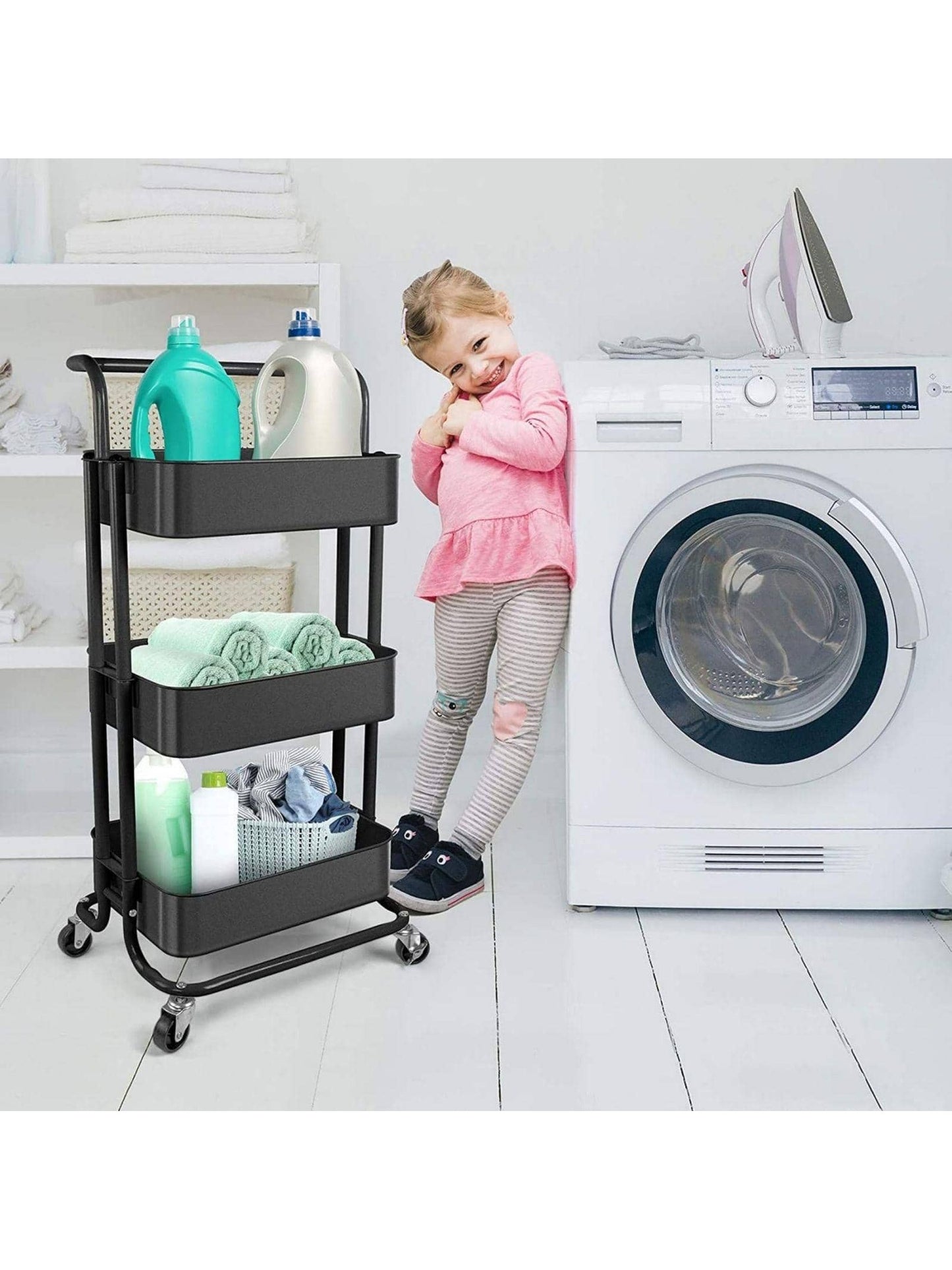 Three-layer mesh utility cart, rolling cart with handle and lockable wheel, multi-function storage rack in kitchen, living room and office