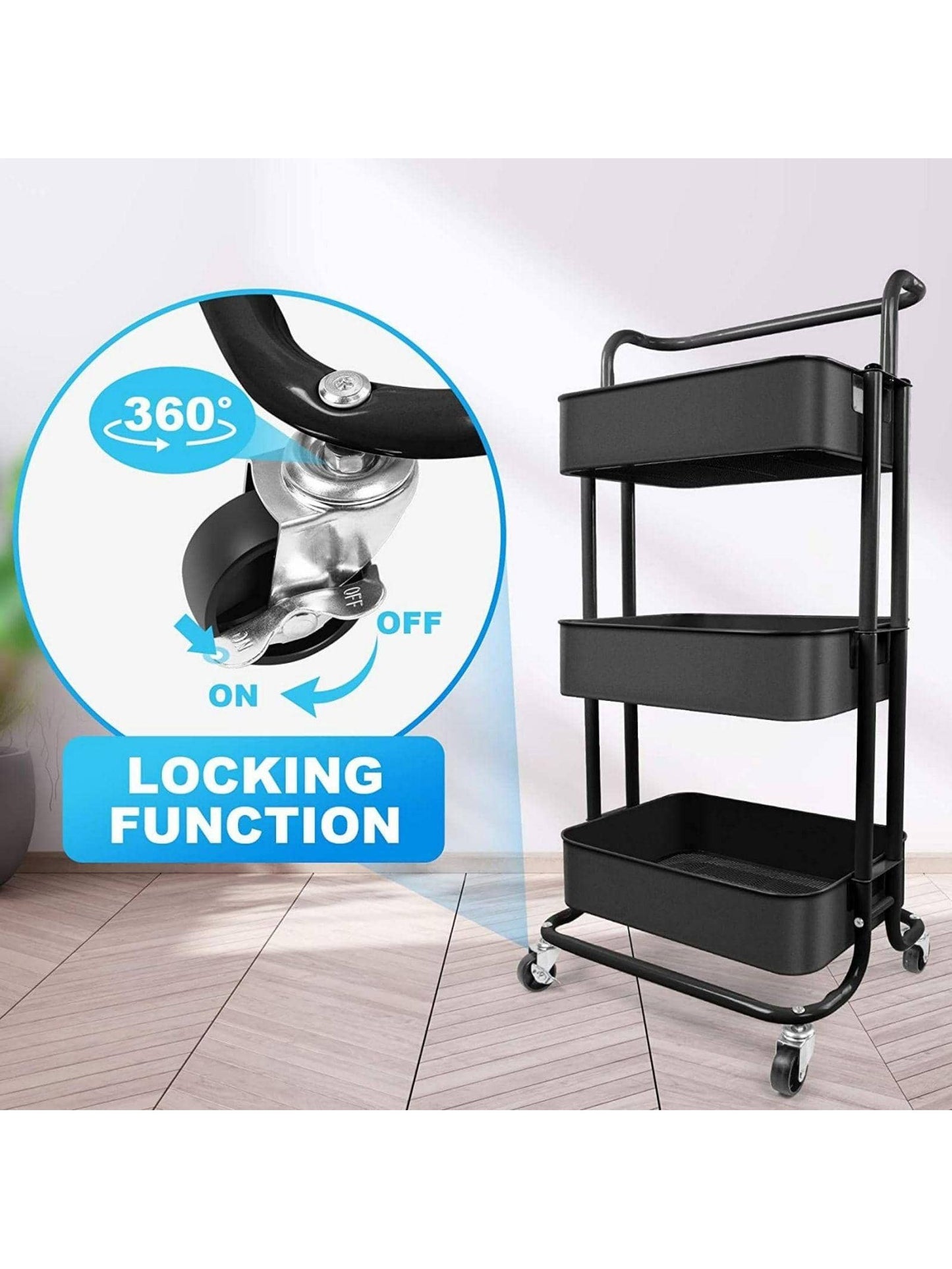 Three-layer mesh utility cart, rolling cart with handle and lockable wheel, multi-function storage rack in kitchen, living room and office