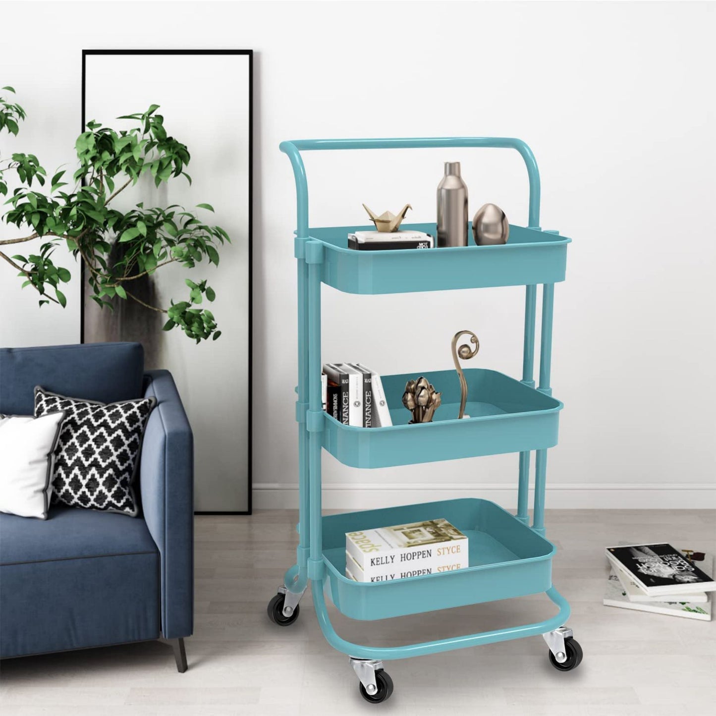 Rolling Trolley With Wheels Bathtub Manager Tolley Rolling Metal Tissue Trolley Handle - Blue