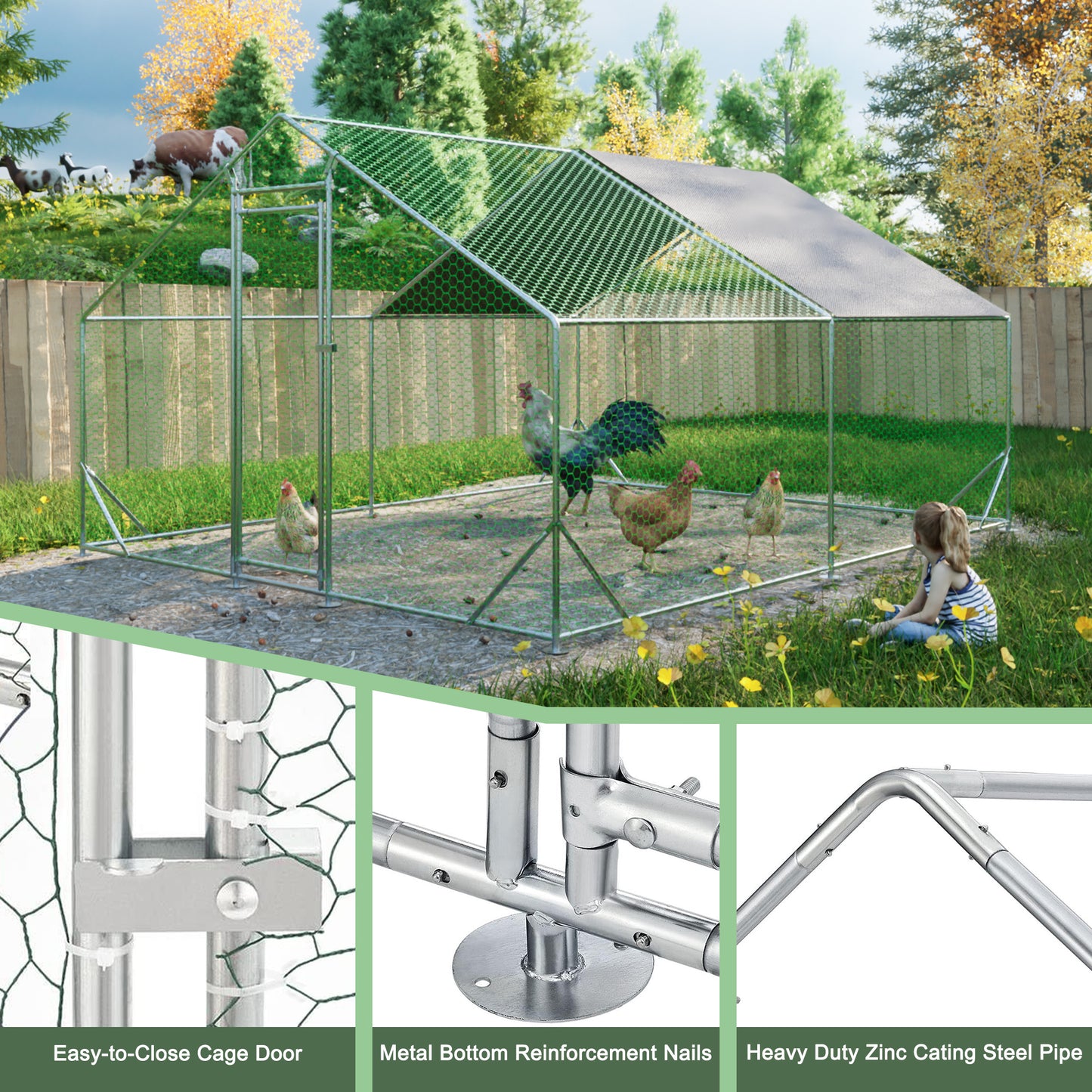 10 x 13ft Outdoor Large Metal Chicken Run Coop with 1 piece of Waterproof Cover, Garden Backyard Walk-in Hen Cage Poultry Pet Hutch for Farm Use