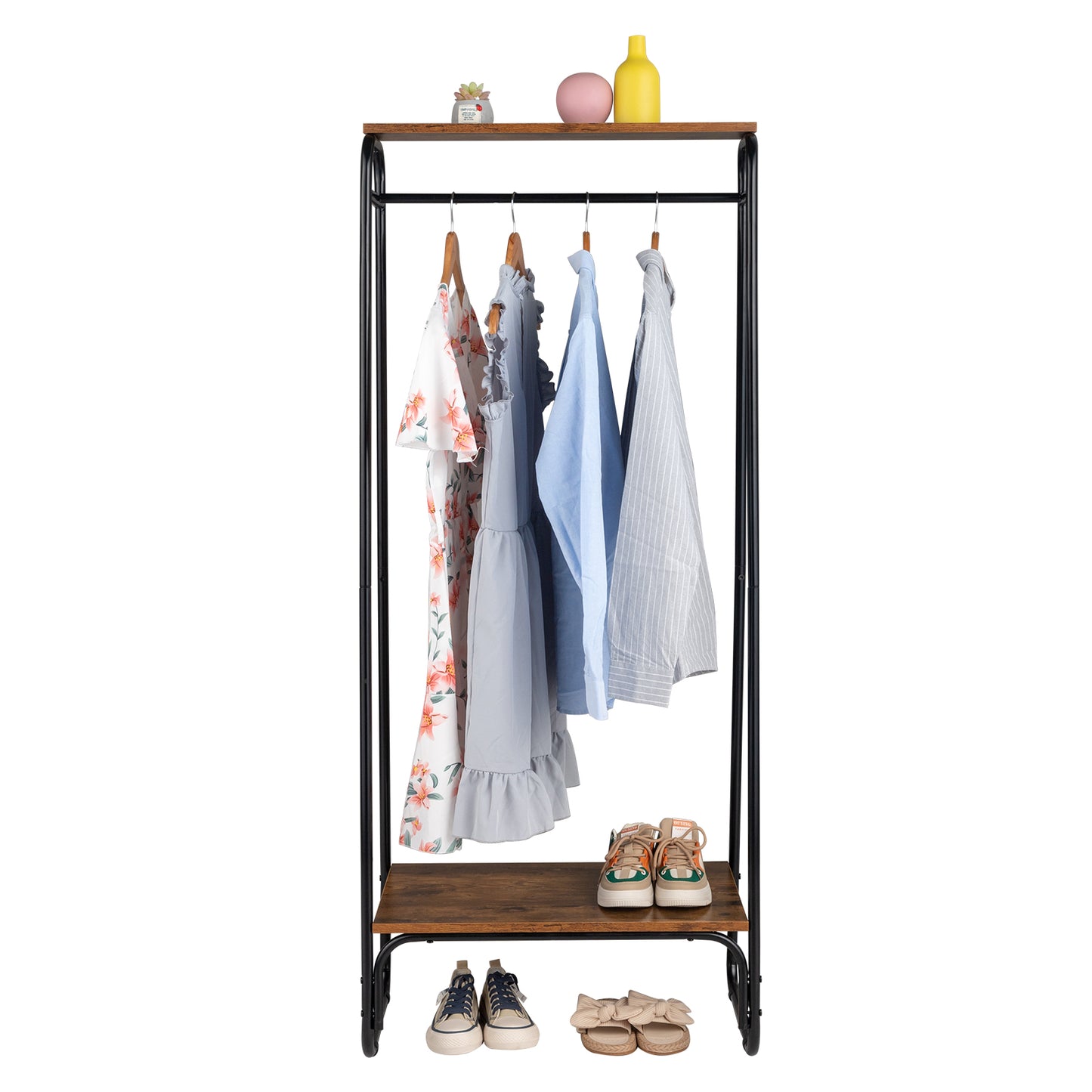 Clothes Rack with Wood Shelf, Freestanding Clothing Rack，Garment Rack, Standing Metal Sturdy Clothing Rack, Black