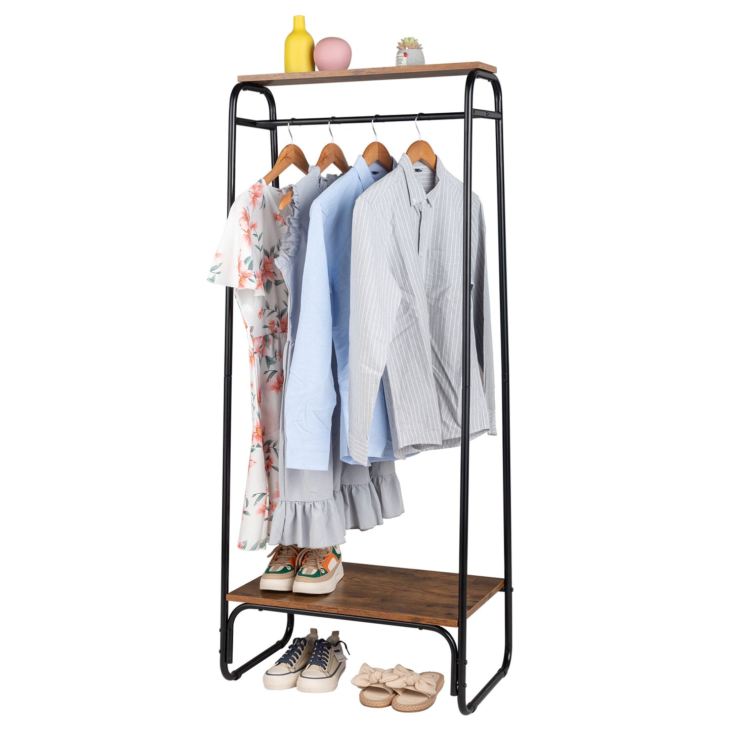 Clothes Rack with Wood Shelf, Freestanding Clothing Rack，Garment Rack, Standing Metal Sturdy Clothing Rack, Black