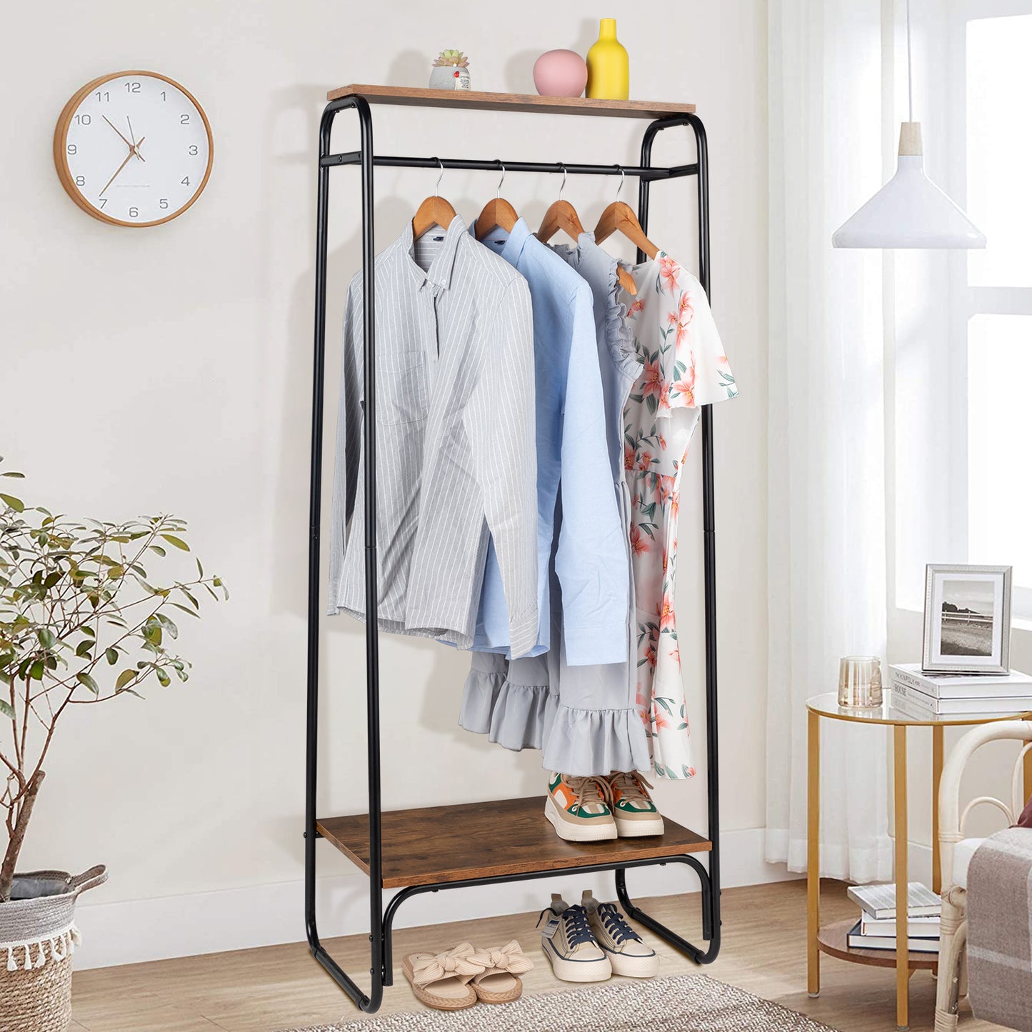 Clothes Rack with Wood Shelf, Freestanding Clothing Rack，Garment Rack, Standing Metal Sturdy Clothing Rack, Black