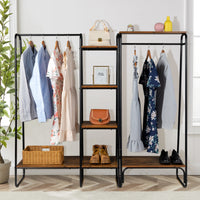 Clothes Rack with Wood Shelf, Freestanding Clothing Rack，Garment Rack, Standing Metal Sturdy Clothing Rack, Black