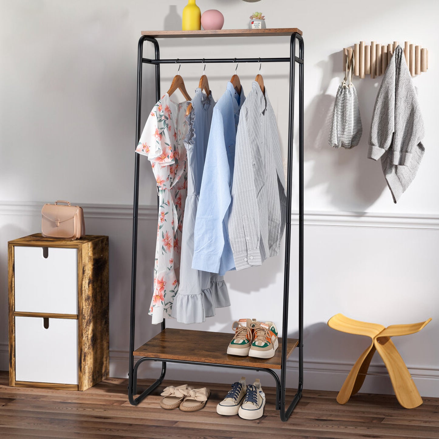 Clothes Rack with Wood Shelf, Freestanding Clothing Rack，Garment Rack, Standing Metal Sturdy Clothing Rack, Black