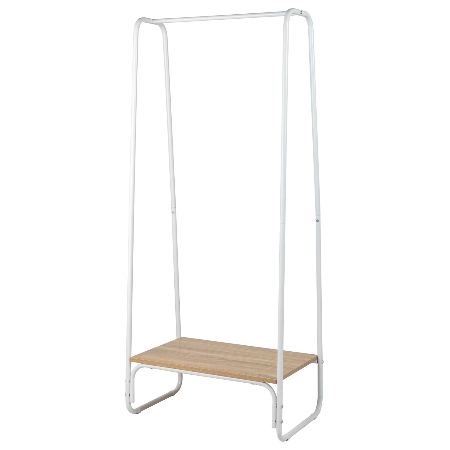 Clothes Rack with Wood Shelf, Freestanding Clothing Rack，Garment Rack, Standing Metal Sturdy Clothing Rack, White