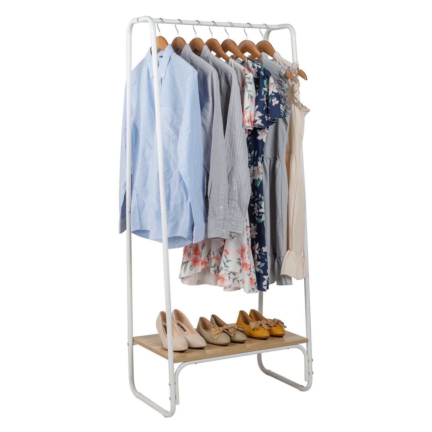 Clothes Rack with Wood Shelf, Freestanding Clothing Rack，Garment Rack, Standing Metal Sturdy Clothing Rack, White