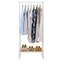 Clothes Rack with Wood Shelf, Freestanding Clothing Rack，Garment Rack, Standing Metal Sturdy Clothing Rack, White