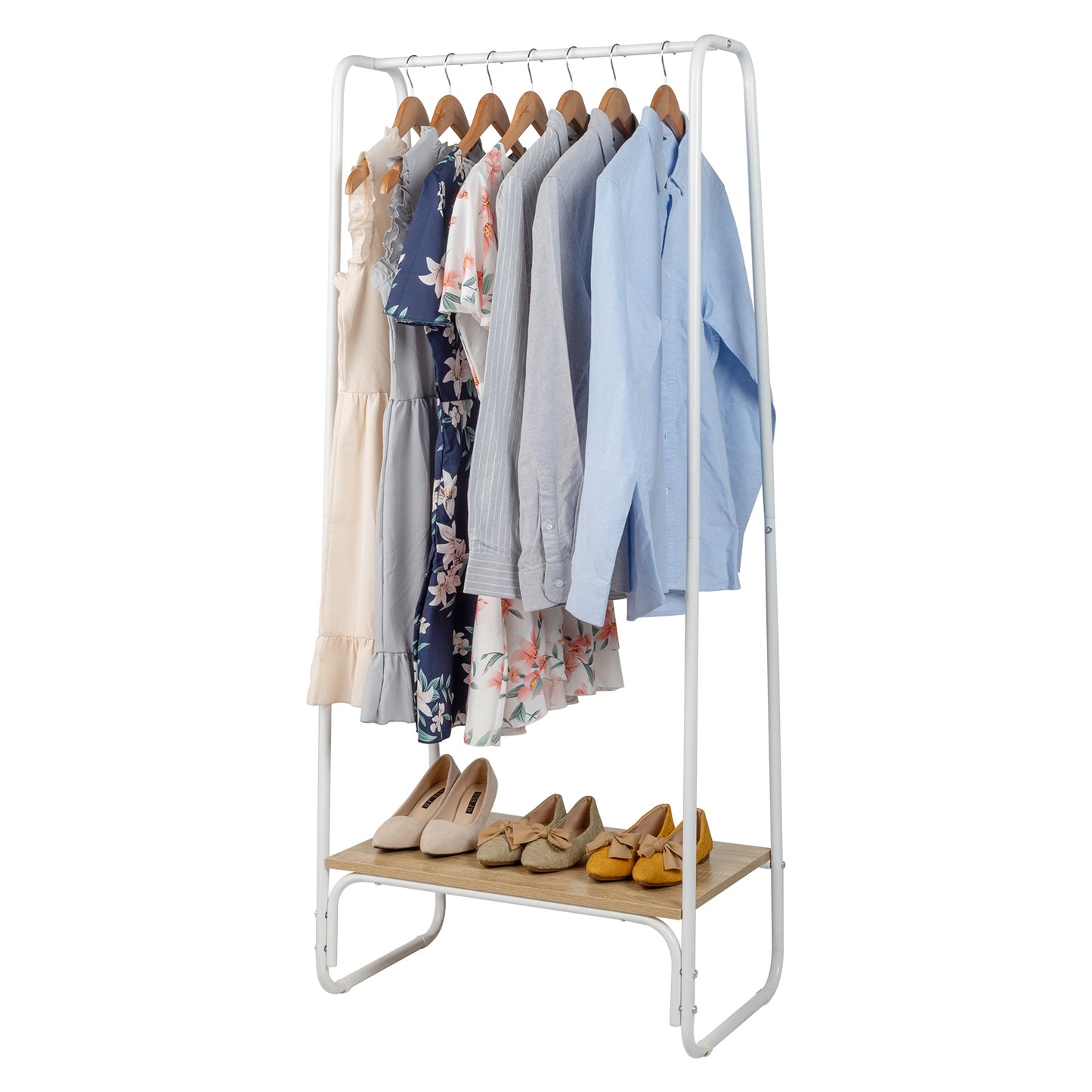 Clothes Rack with Wood Shelf, Freestanding Clothing Rack，Garment Rack, Standing Metal Sturdy Clothing Rack, White