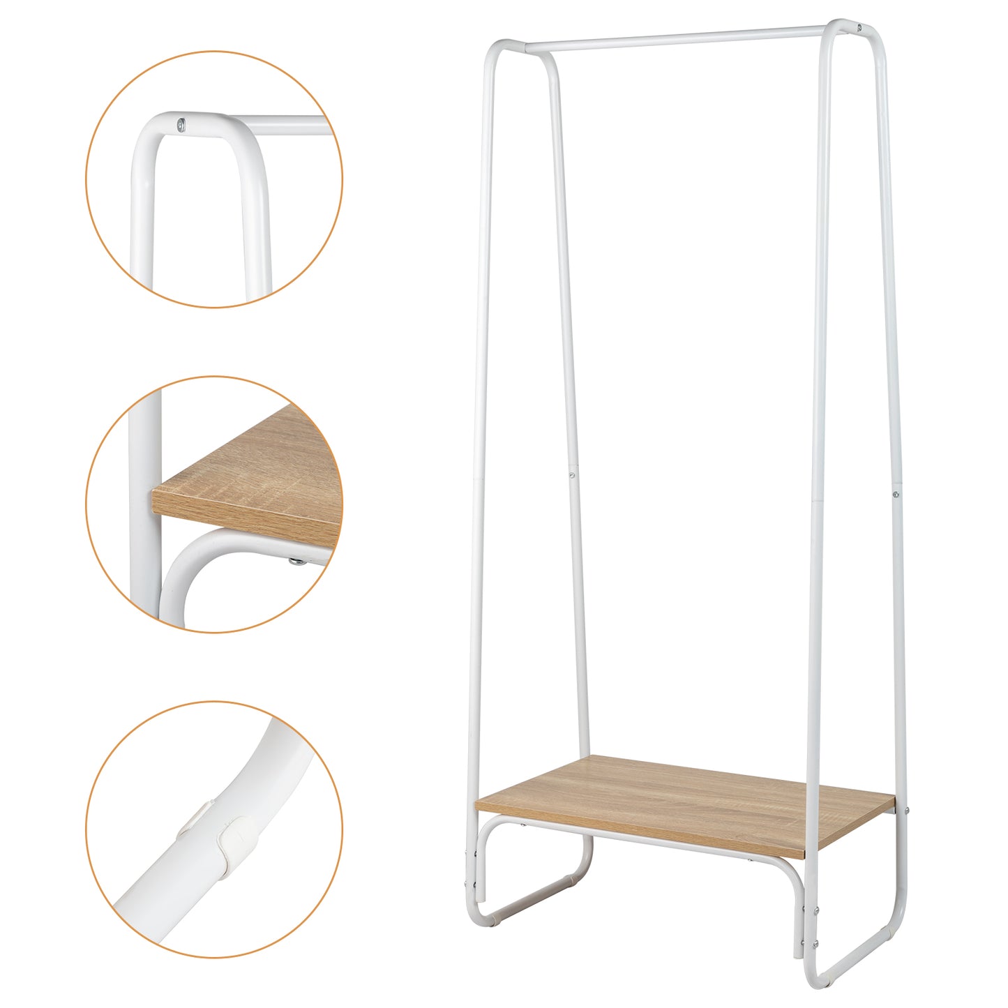 Clothes Rack with Wood Shelf, Freestanding Clothing Rack，Garment Rack, Standing Metal Sturdy Clothing Rack, White