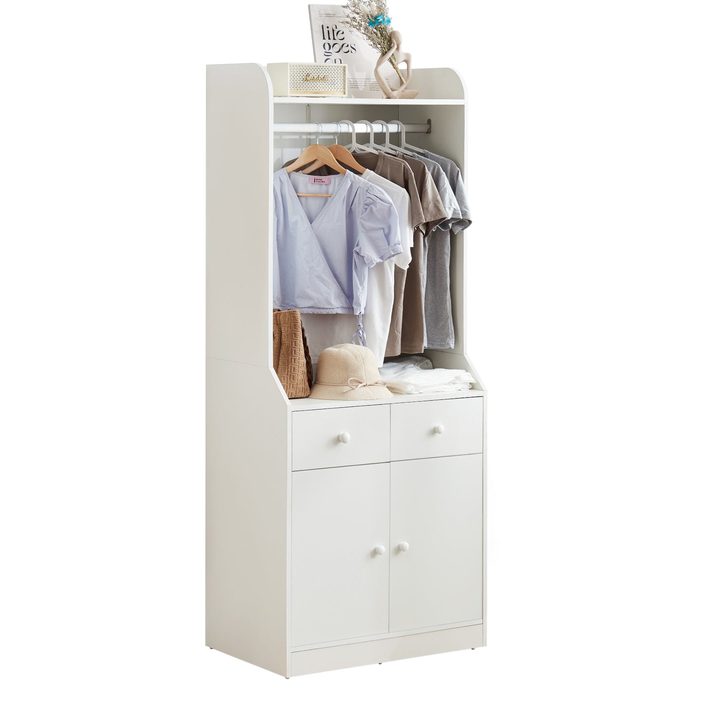 Bedroom Armoire，Wardrobe Armoire Closet, Drawers and Shelves, Handles, Hanging Rod, for Bedroom ，White