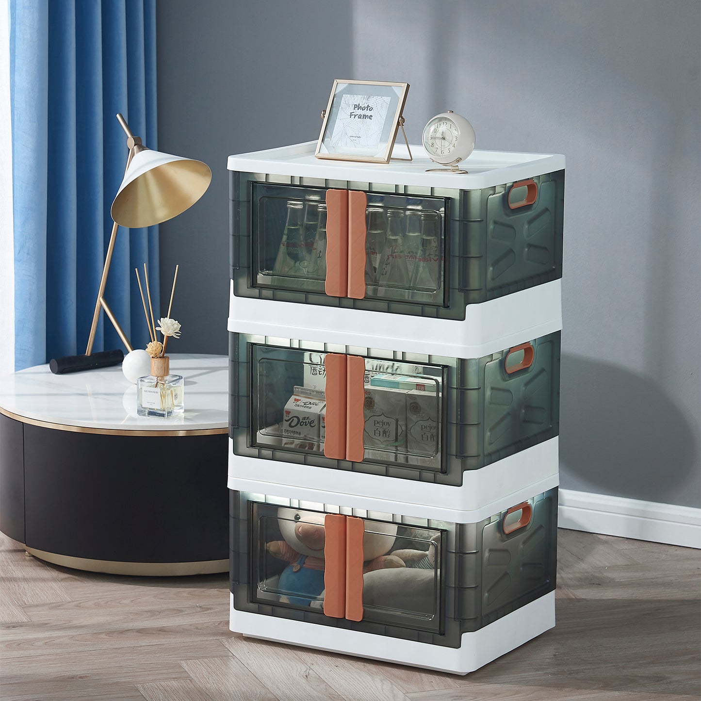 Detachable Folding Plastic Storage Cabinet, Black Trasparent Acrylic Door, White Brown（1pc）