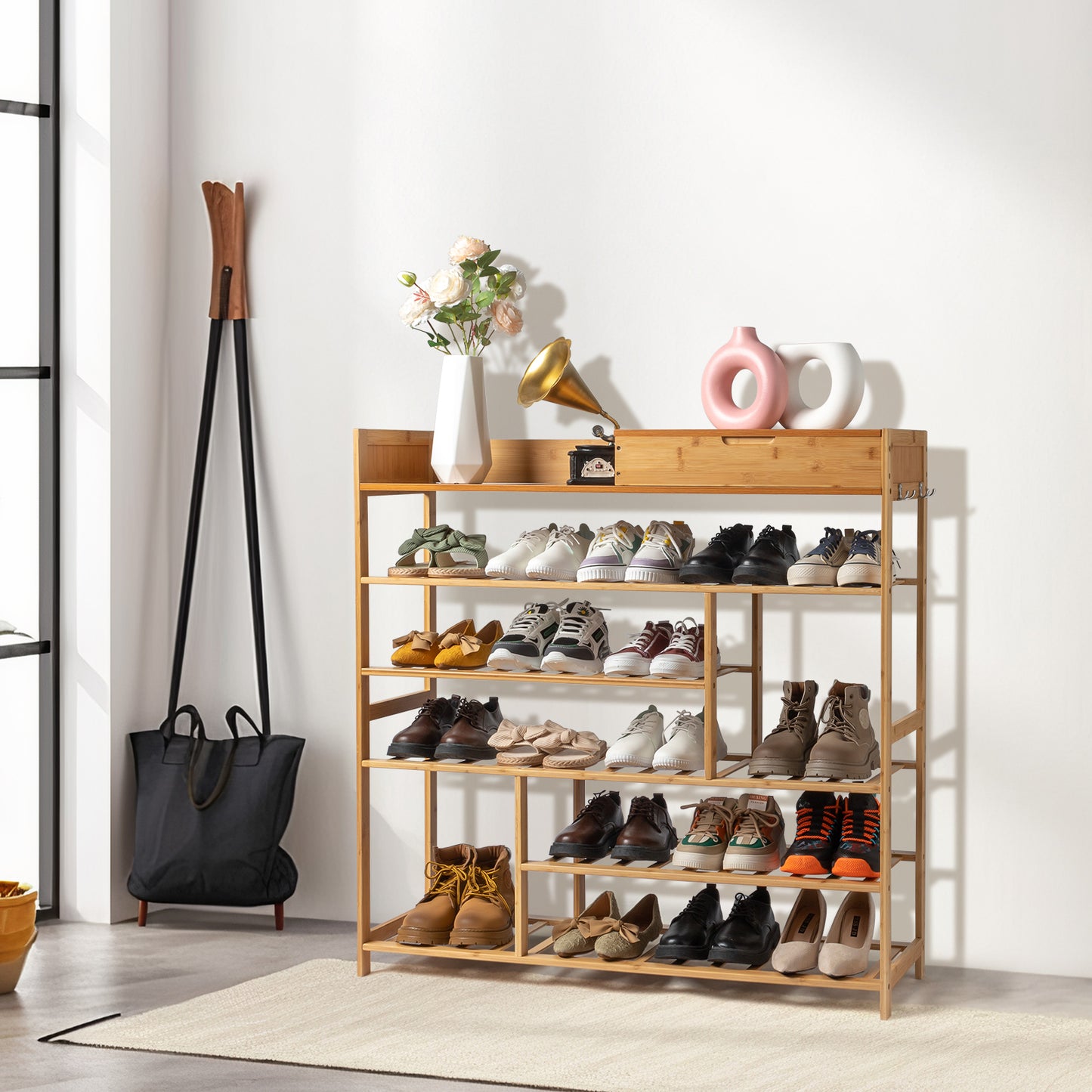 6-Layer Shoe Rack with 2 Drawers, Bamboo Color