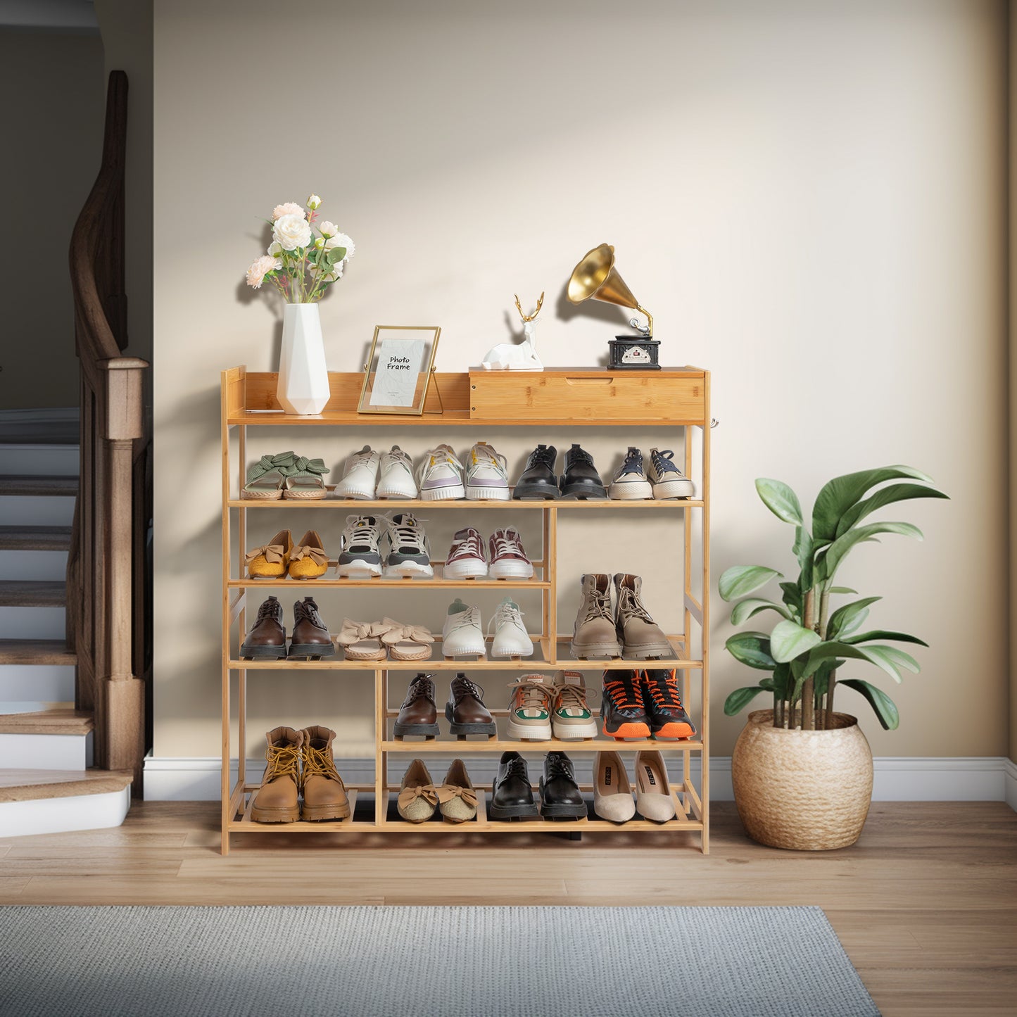 6-Layer Shoe Rack with 2 Drawers, Bamboo Color