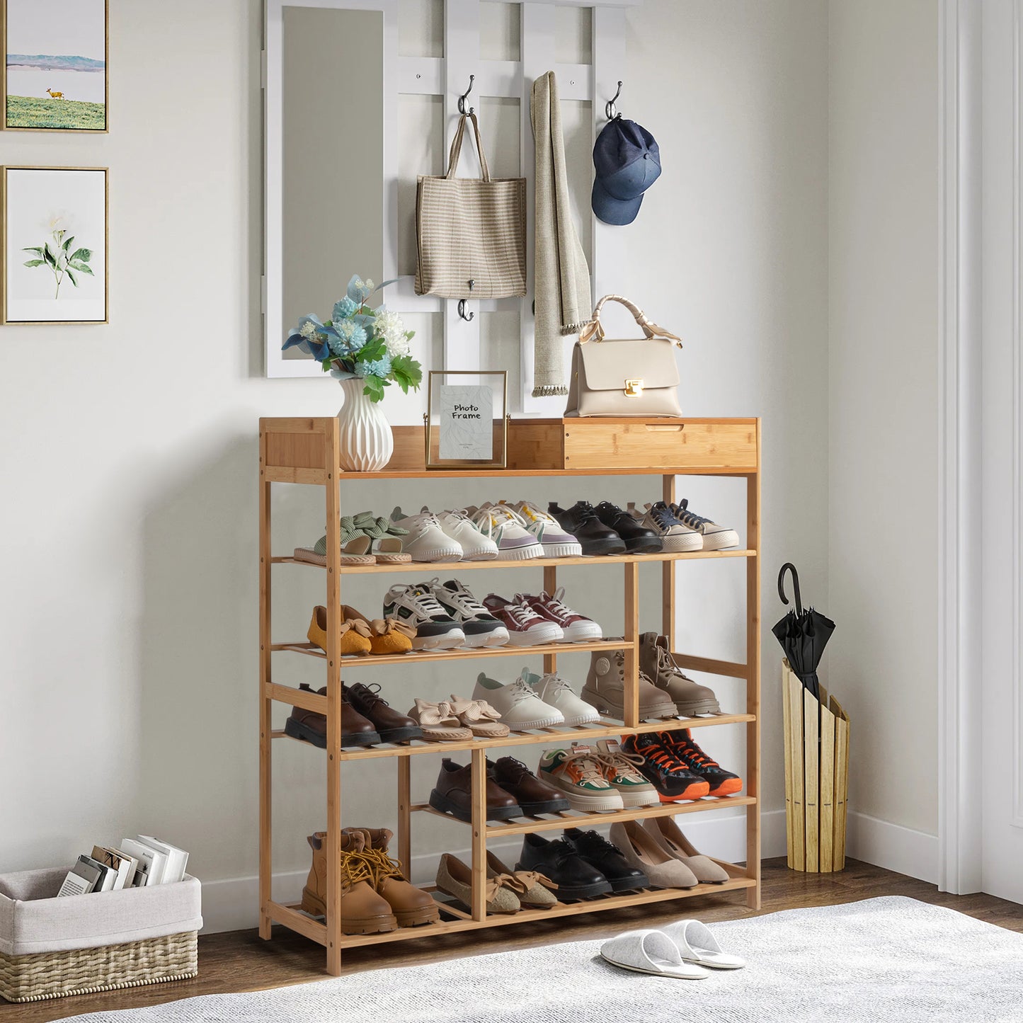 6-Layer Shoe Rack with 2 Drawers, Bamboo Color