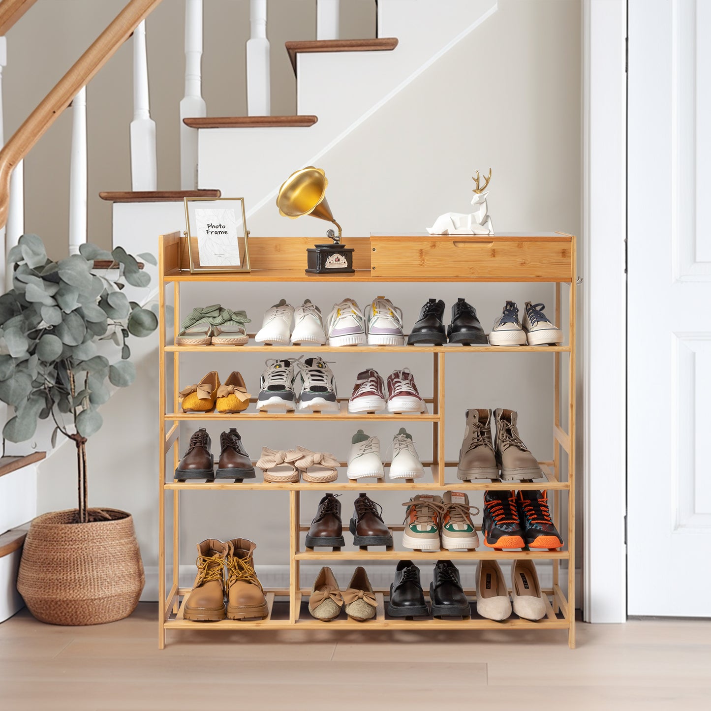 6-Layer Shoe Rack with 2 Drawers, Bamboo Color