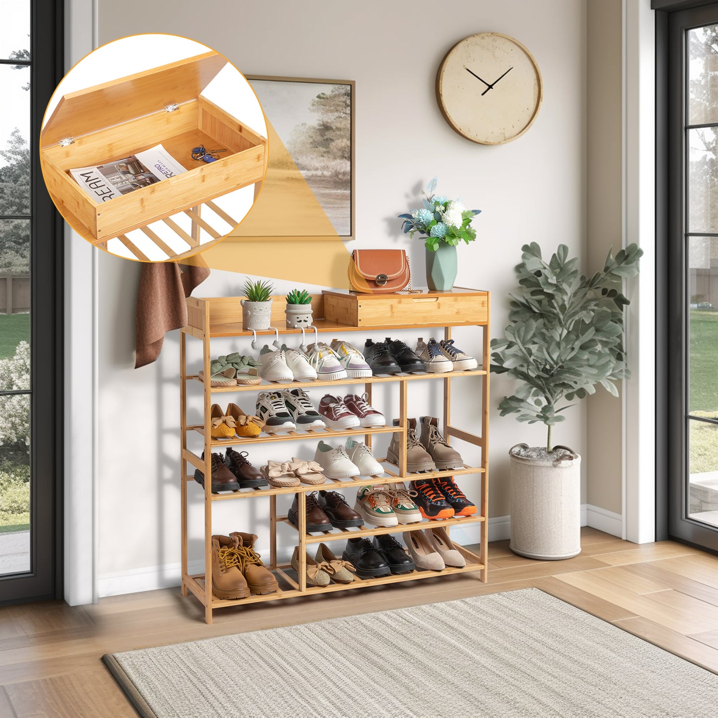 6-Layer Shoe Rack with 2 Drawers, Bamboo Color