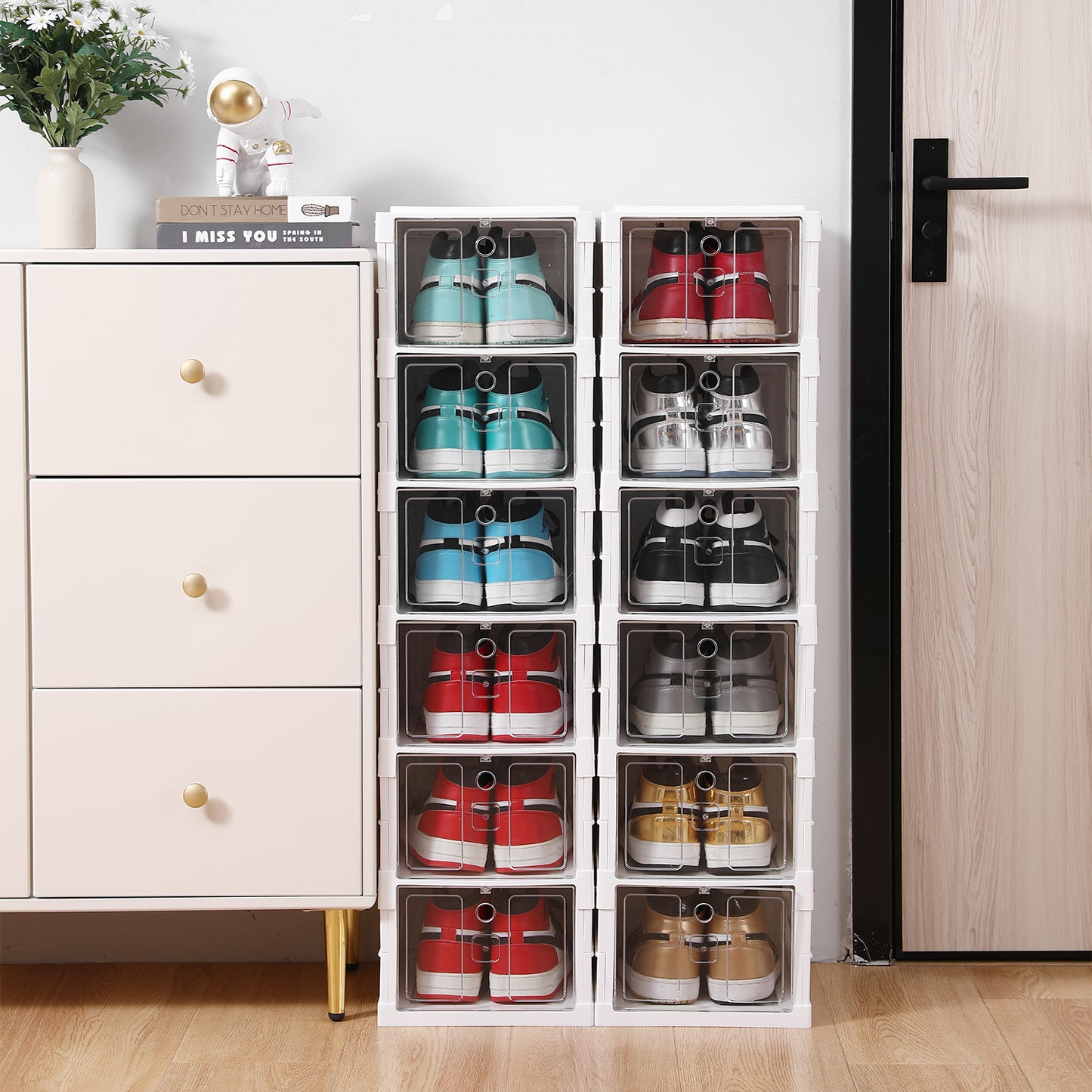 Plastic Stackable Shoe Storage Organizer for Closet，oldable Shoe Sneaker Containers Bins Holders (6 Tier, White)