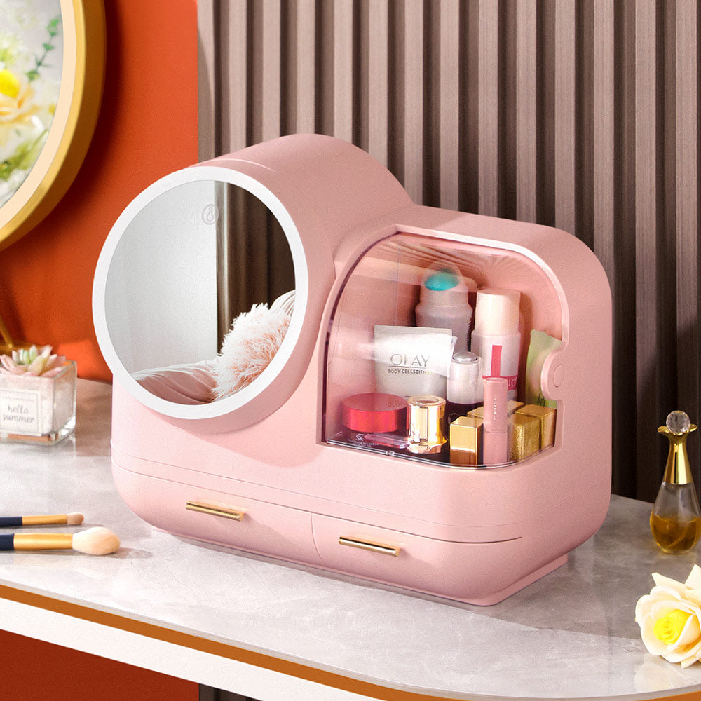 Joybos® Makeup Storage Organizer Box with Led Lighted Mirror Pink