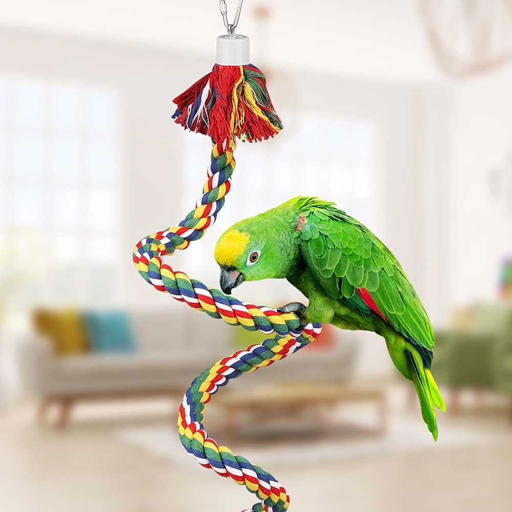 Bird Bungee Rope Bird Perches Stand Bird Colorful Adjustable Round & Rope Perch Bird Training Toys Bird Cage Exercise Accessories for Parakeets, Finches, Cockatiels, Conures, Macaws, Lovebirds (6 Pcs)