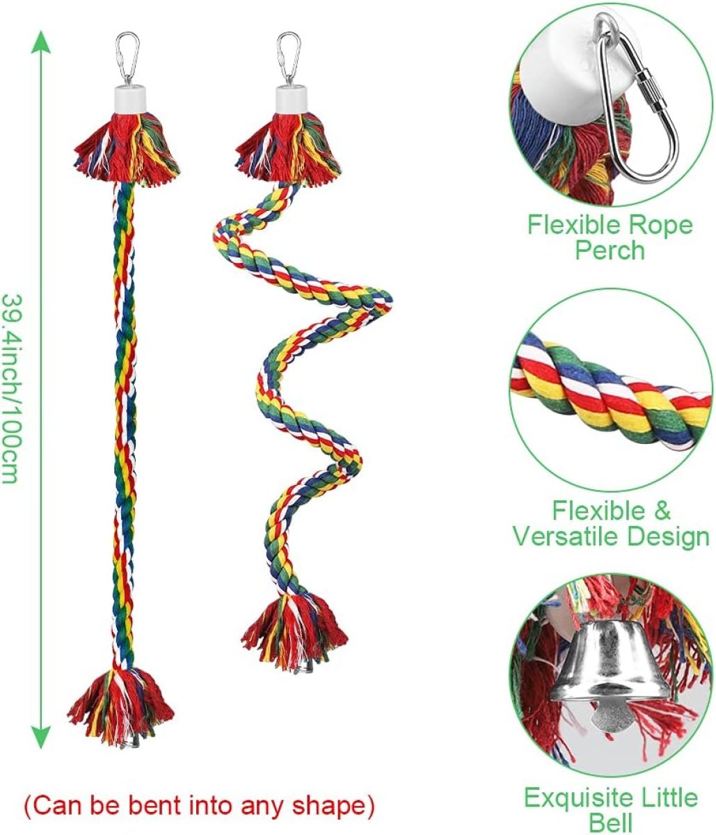 Bird Bungee Rope Bird Perches Stand Bird Colorful Adjustable Round & Rope Perch Bird Training Toys Bird Cage Exercise Accessories for Parakeets, Finches, Cockatiels, Conures, Macaws, Lovebirds (6 Pcs)