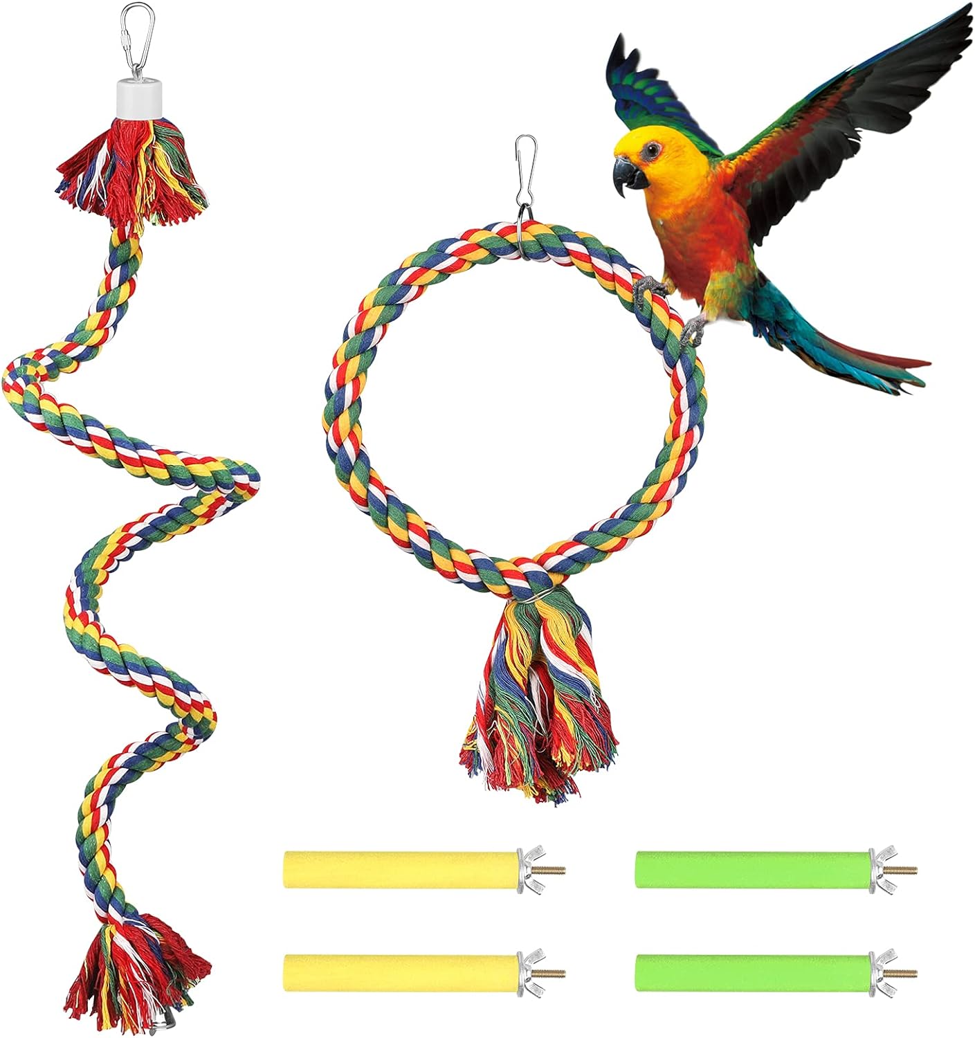 Bird Bungee Rope Bird Perches Stand Bird Colorful Adjustable Round & Rope Perch Bird Training Toys Bird Cage Exercise Accessories for Parakeets, Finches, Cockatiels, Conures, Macaws, Lovebirds (6 Pcs)