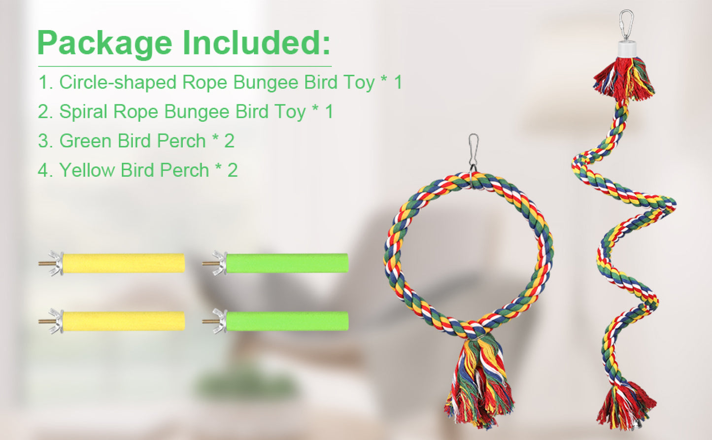 Bird Bungee Rope Bird Perches Stand Bird Colorful Adjustable Round & Rope Perch Bird Training Toys Bird Cage Exercise Accessories for Parakeets, Finches, Cockatiels, Conures, Macaws, Lovebirds (6 Pcs)