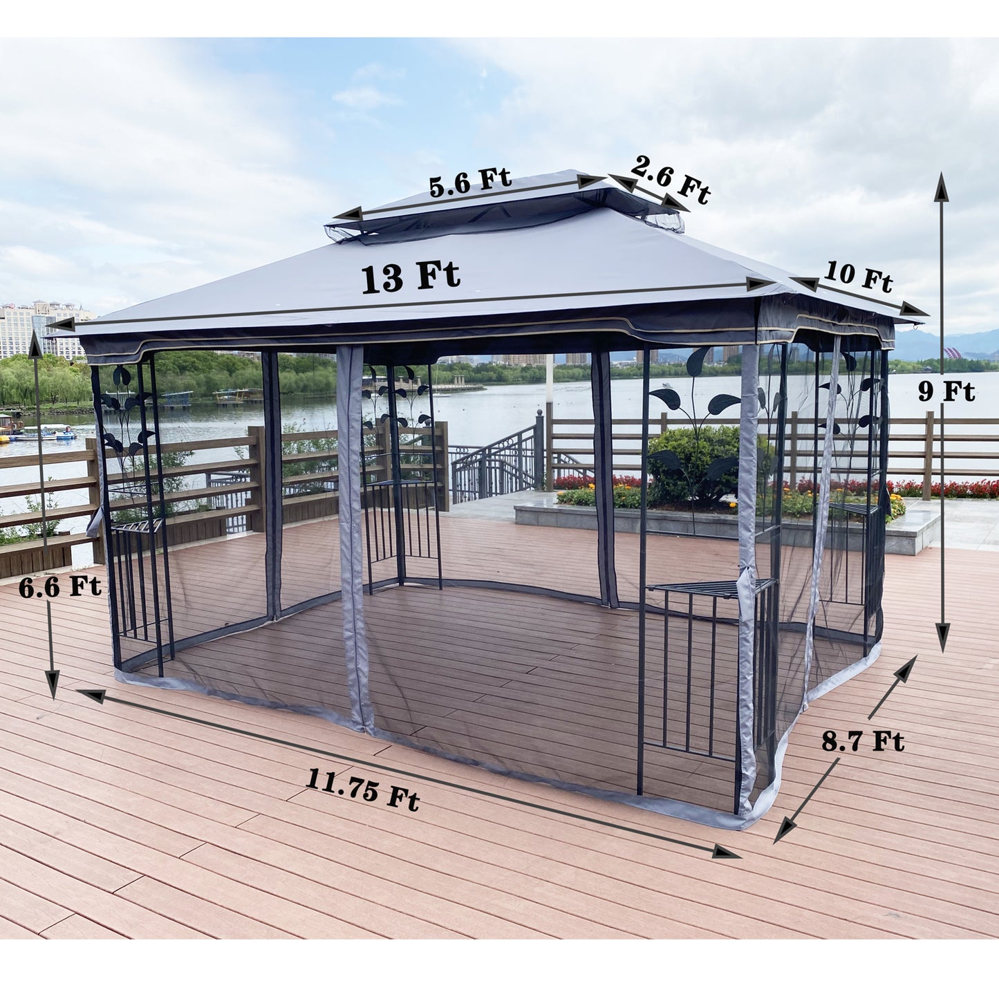 13x10 Outdoor Patio Gazebo Canopy Tent With Ventilated Double Roof And Mosquito net,Gray Top