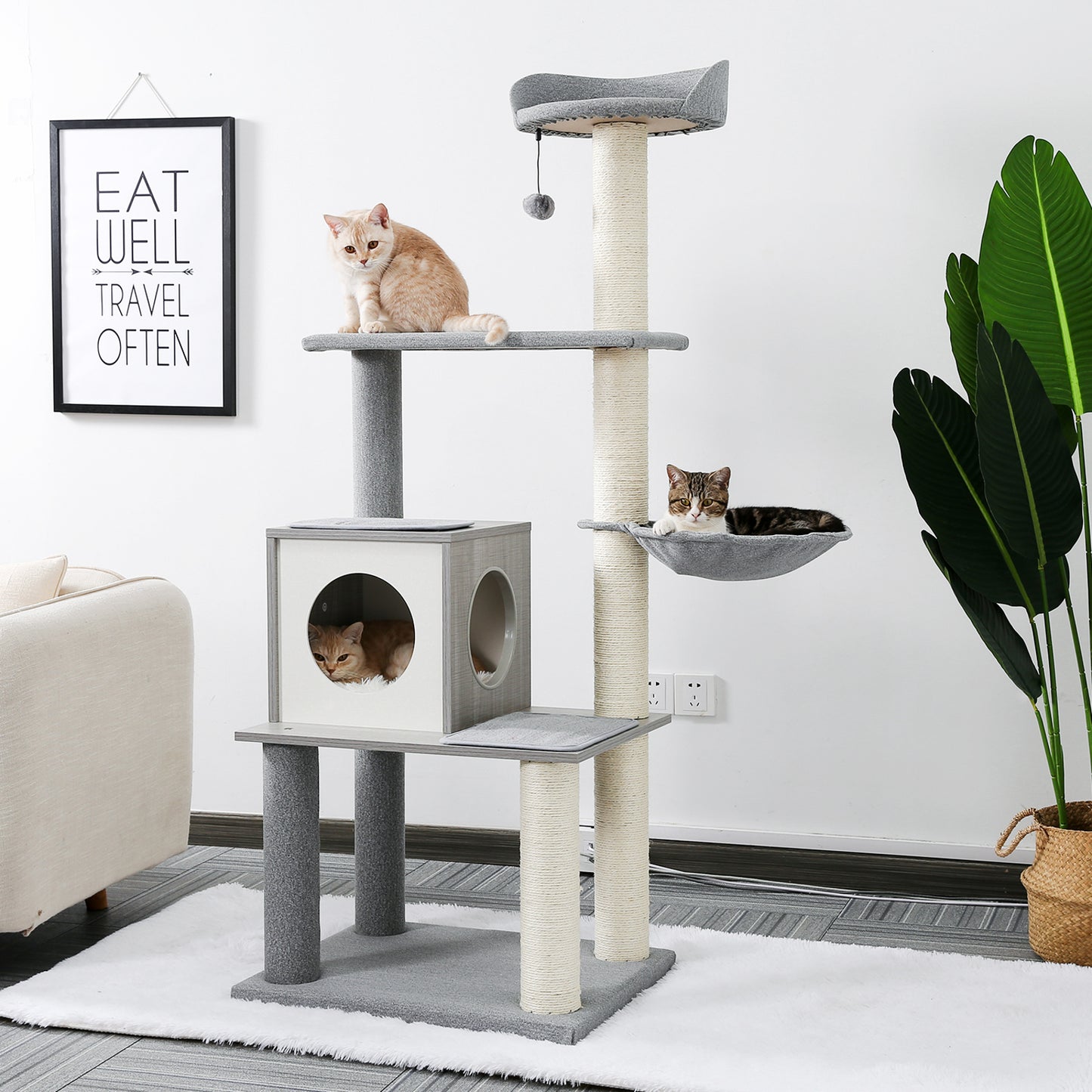 Modern Cat Tree Cat Tower with Scratching Posts, Cozy Condo, Soft Hammock and Top Perch, Dangling Ball for Small&Medium Cat Grey