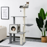 Modern Cat Tree Cat Tower with Scratching Posts, Cozy Condo, Soft Hammock and Top Perch, Dangling Ball for Small&Medium Cat Grey