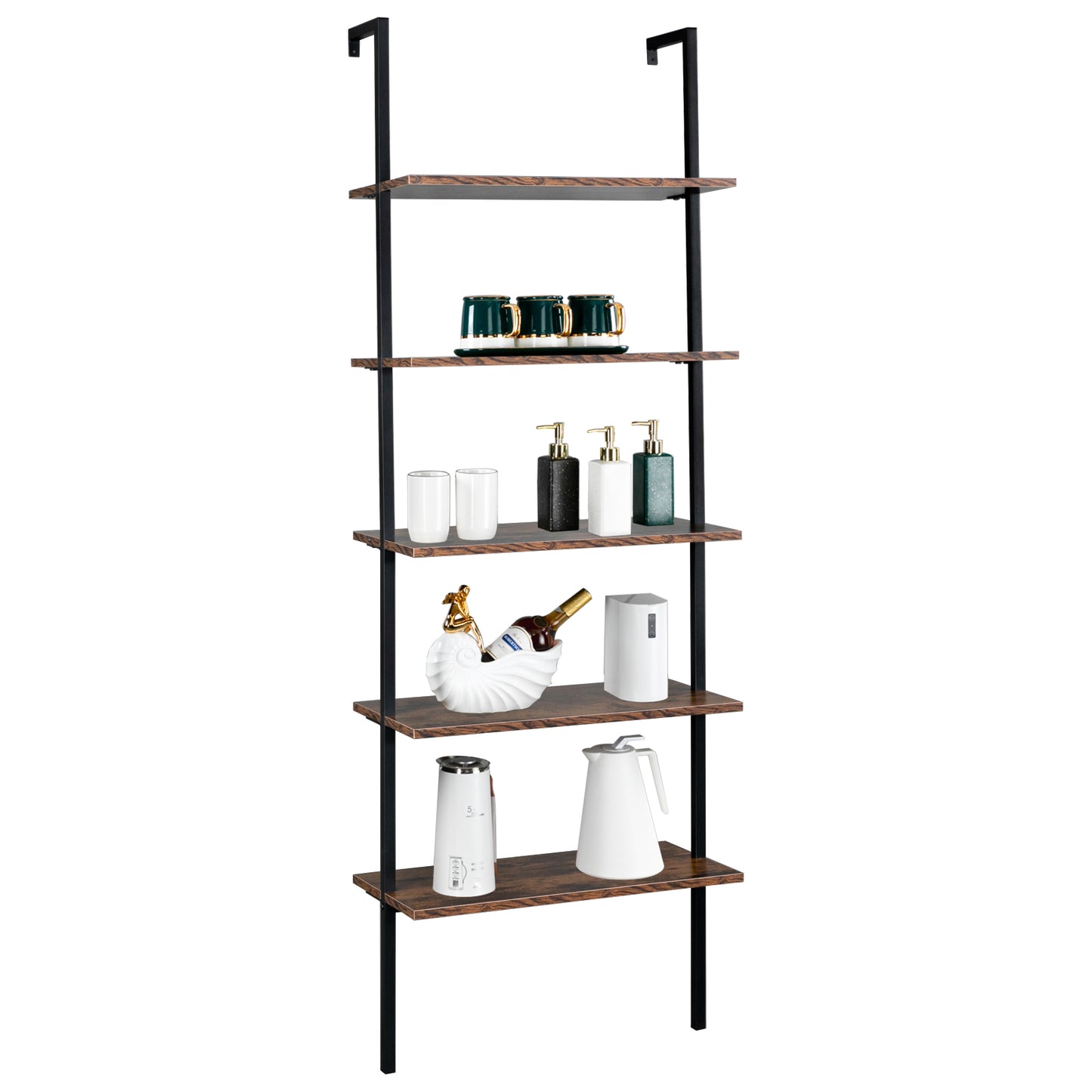 Industrial Wall Mounted Bookcase 5-Tier Open Ladder Shelf Bookshelf with Metal Frame, 23.6" L x 11.8" W x 70.9" H