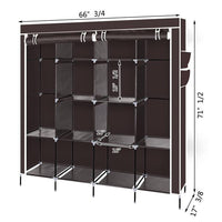 67" Clothes Closet Portable Wardrobe Clothes Storage Rack 12 Shelves 4 Side Pockets Dark Brown