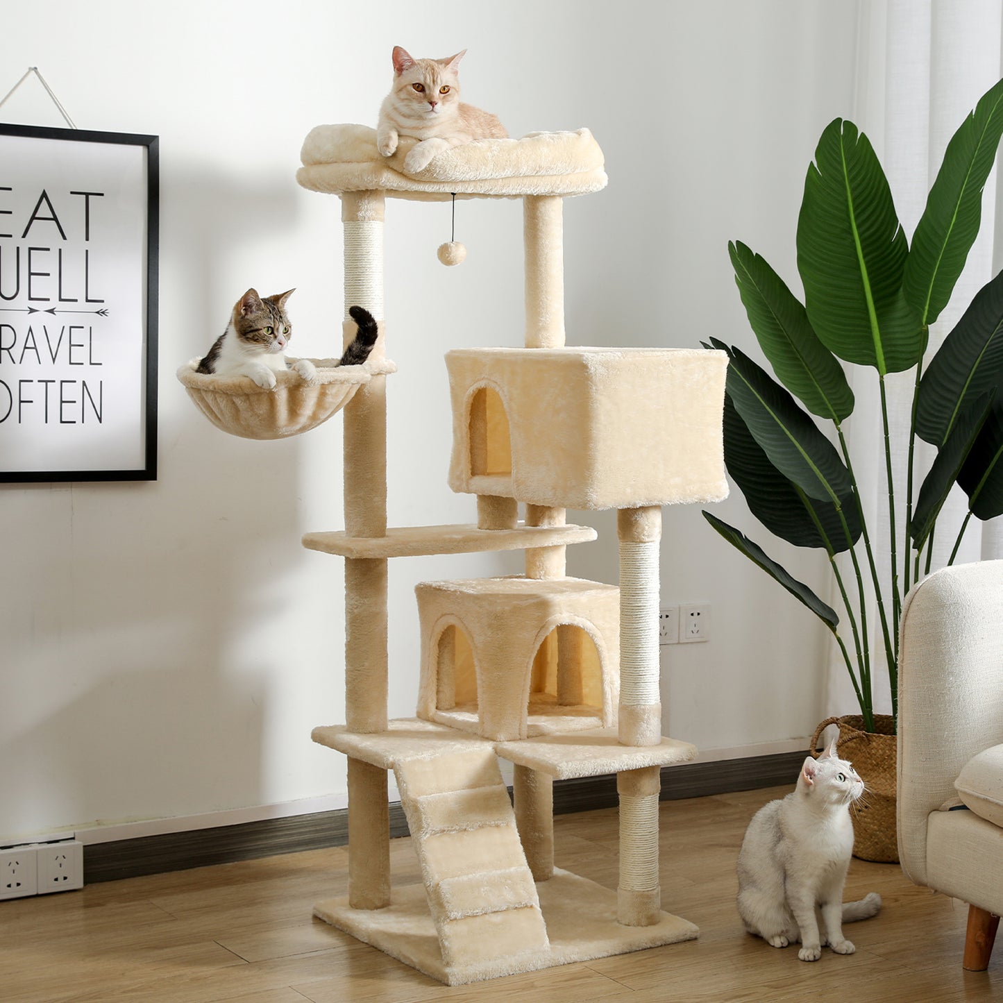 Multi-functional Cat Tree Tower with Sisal Scratching Post, 2 Cozy Condos, Top Perch, Hammock, Climbing ladder and Dangling Ball Beige