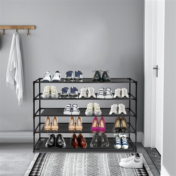 Simple Assembly 5 Tier Shoe Rack Detachable Non-Woven Waterproof Fabric Shoe Organizer Tower Space Saver Stackable Storage Shelf (Black)