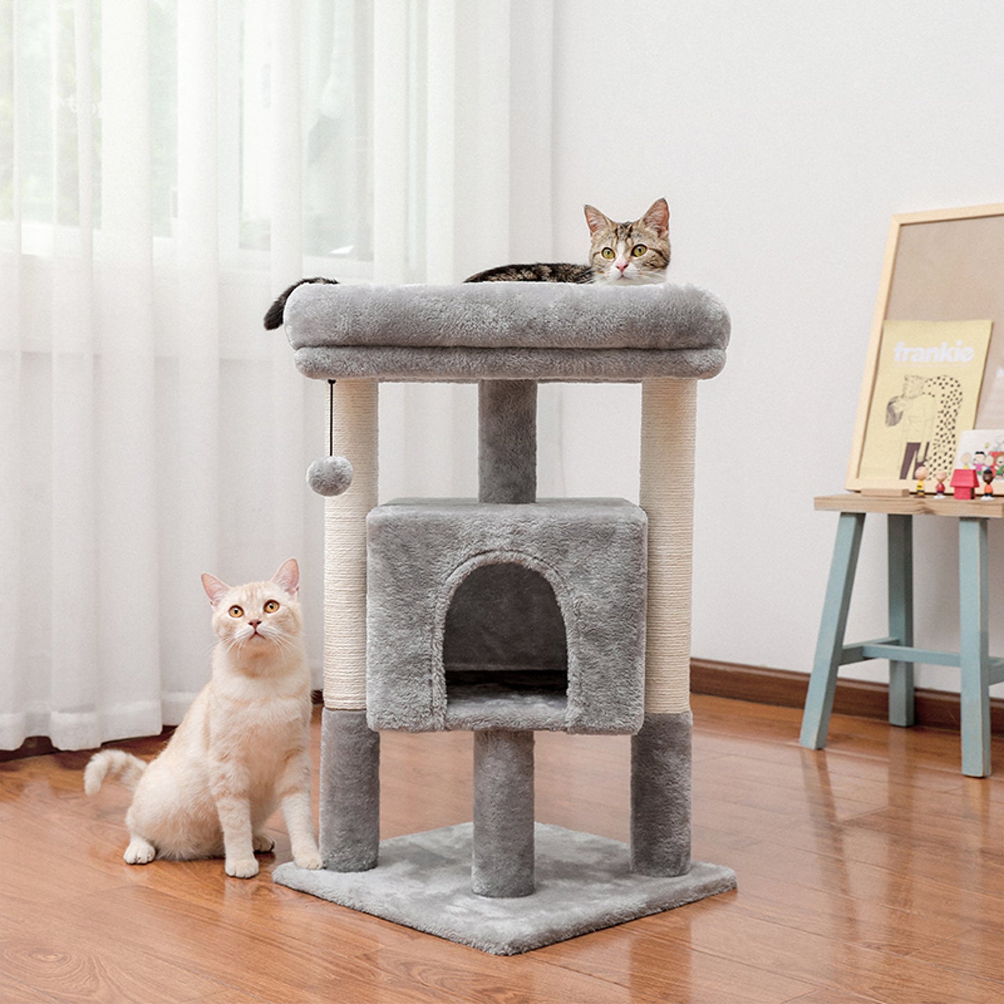 Modern Small Cat Tree Cat Tower with Sisal Scratching Post, Cozy Condo, Top Perch and Dangling Ball Beige