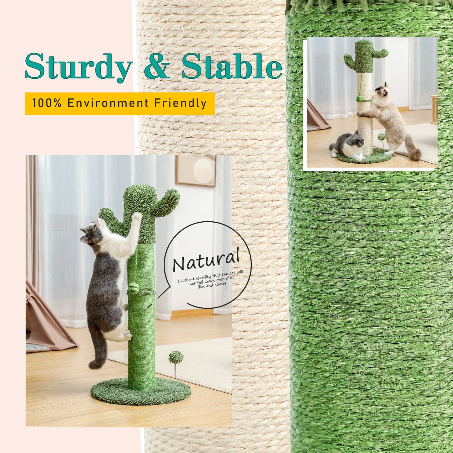 Cactus Cat Tree Cat Scratcher with Sisal Scratching Post and Interactive Dangling Ball For Indoor Cats Green