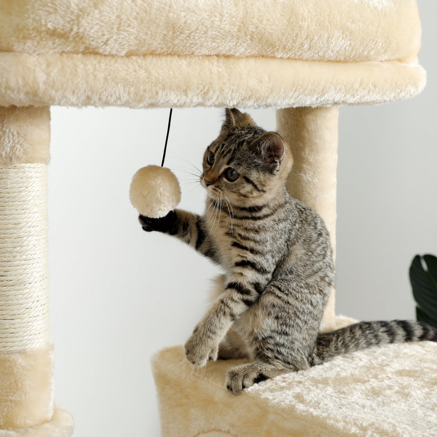 Multi-functional Cat Tree Tower with Sisal Scratching Post, 2 Cozy Condos, Top Perch, Hammock, Climbing ladder and Dangling Ball Beige