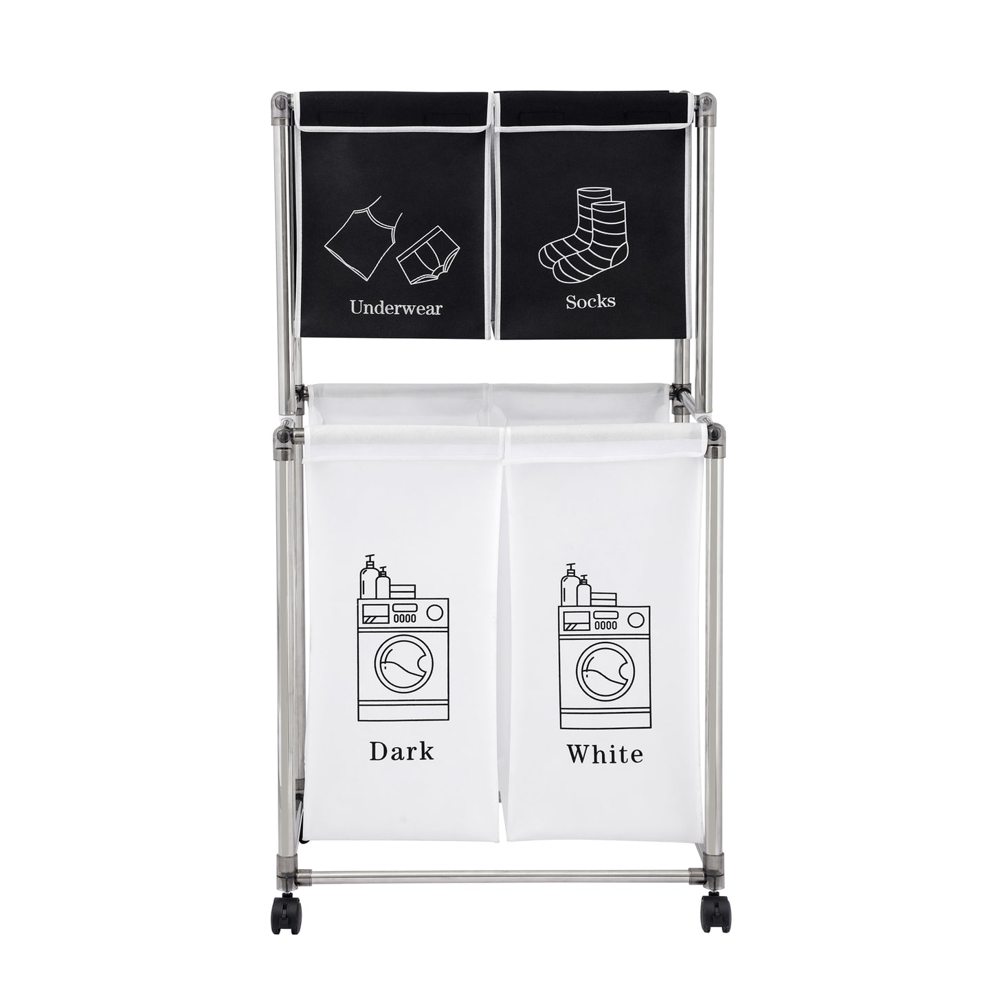 Laundry Hamper 2 Tier Laundry Sorter with 4 Removable Bags for Organizing Clothes,With four wheels for easy movement， Laundry, Lights, Darks